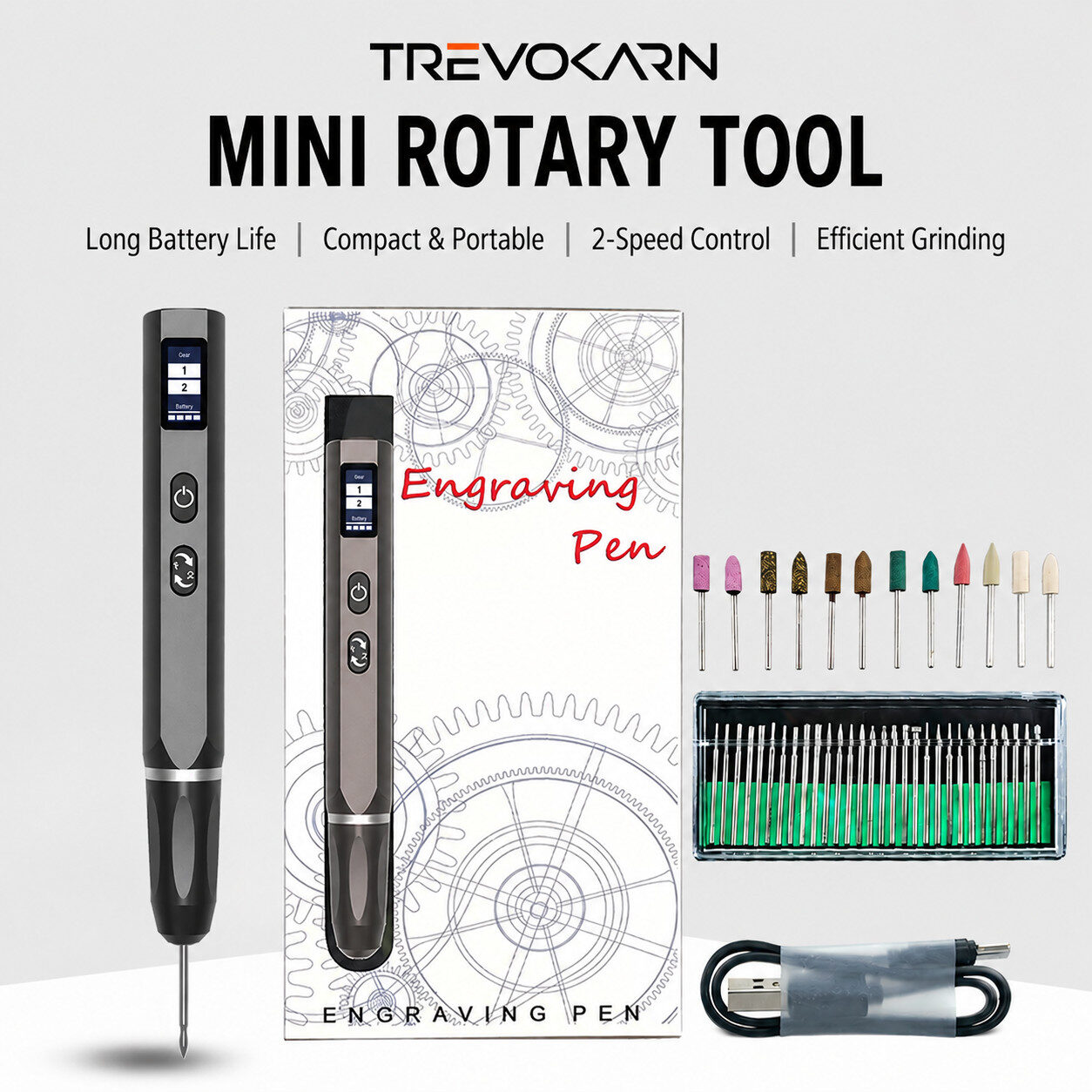 Trevokarn Cordless Electric Engraving Pen Kit - USB Rechargeable, Adjustable Speed Engraver with Replaceable Bits for Metal, Wood, Glass, Jewelry, DIY Crafts & Custom Engraving