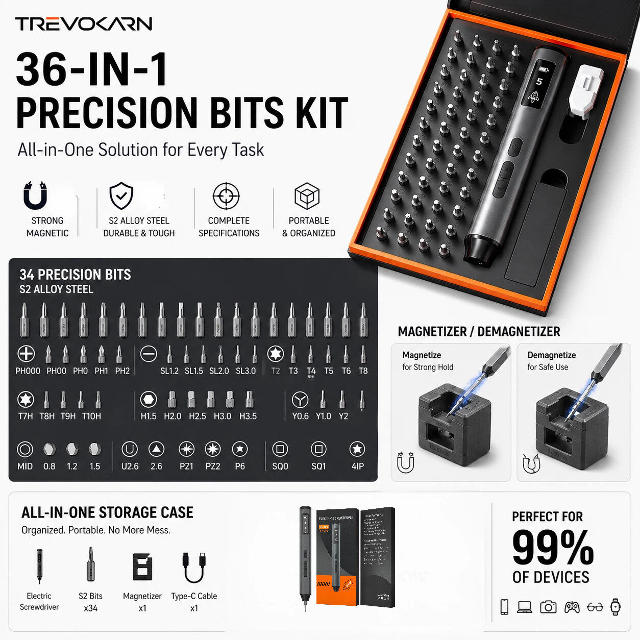 Trevokarn 36-in-1 Electric Screwdriver Kit, 5 Adjustable Torque & LED Light Precision Repair Tool, Type-C Fast Charging for Phone Watch Camera Electronics Repair - Image 11