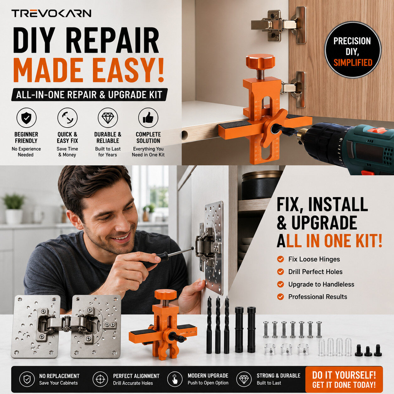 Trevokarn Home Door & Cabinet Repair Tool Kit, All-in-One Cabinet Hinge Repair Set with Drill Locator, Push to Open Latches & Stainless Steel Repair Plates for Kitchen Cabinet DIY Fix - Image 2