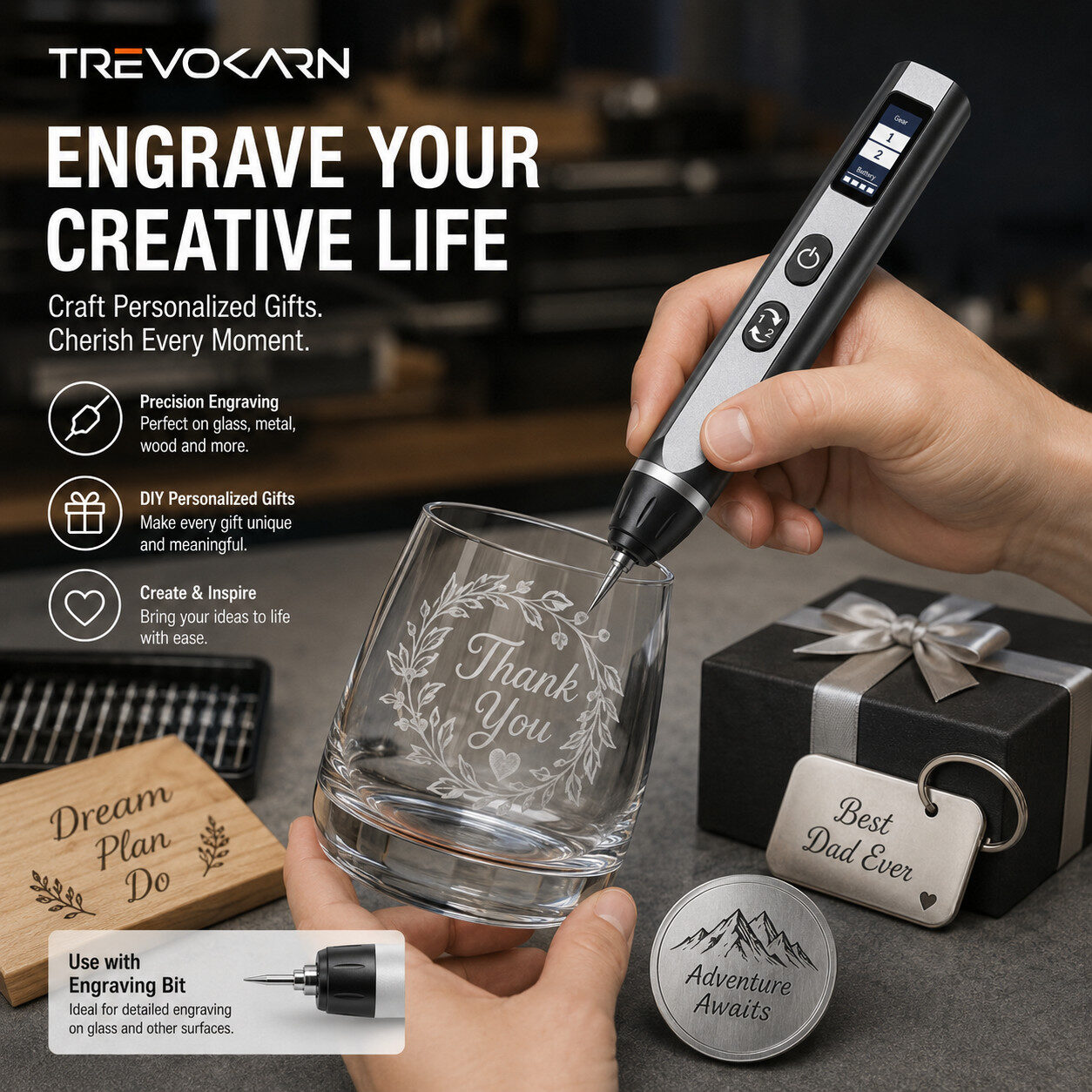 Trevokarn Cordless Electric Engraving Pen Kit - USB Rechargeable, Adjustable Speed Engraver with Replaceable Bits for Metal, Wood, Glass, Jewelry, DIY Crafts & Custom Engraving - Image 9