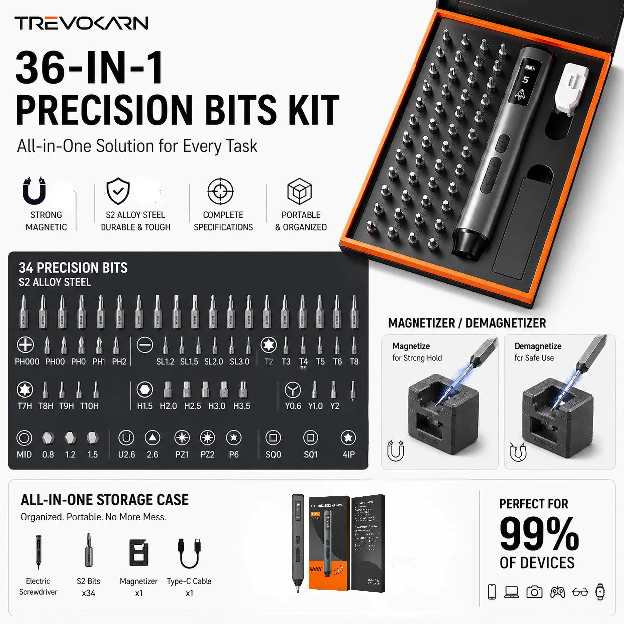 Trevokarn 36-in-1 Electric Screwdriver Kit, 5 Adjustable Torque & LED Light Precision Repair Tool, Type-C Fast Charging for Phone Watch Camera Electronics Repair - Image 11