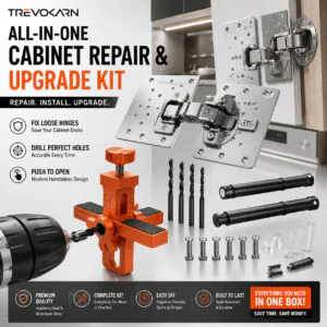 Trevokarn Home Door & Cabinet Repair Tool Kit, All-in-One Cabinet Hinge Repair Set with Drill Locator, Push to Open Latches & Stainless Steel Repair Plates for Kitchen Cabinet DIY Fix