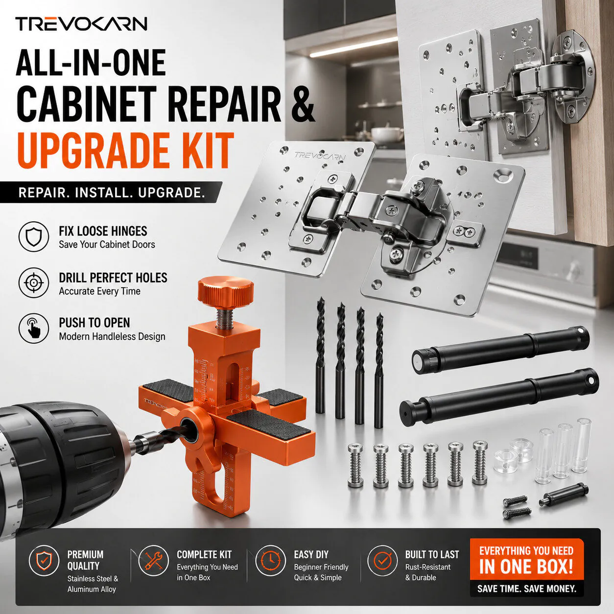 Trevokarn Home Door & Cabinet Repair Tool Kit, All-in-One Cabinet Hinge Repair Set with Drill Locator, Push to Open Latches & Stainless Steel Repair Plates for Kitchen Cabinet DIY Fix