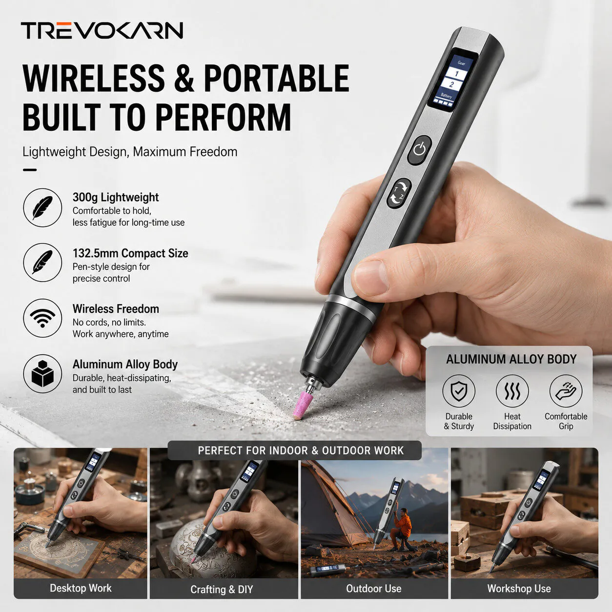 Trevokarn Cordless Electric Engraving Pen Kit - USB Rechargeable, Adjustable Speed Engraver with Replaceable Bits for Metal, Wood, Glass, Jewelry, DIY Crafts & Custom Engraving - Image 6