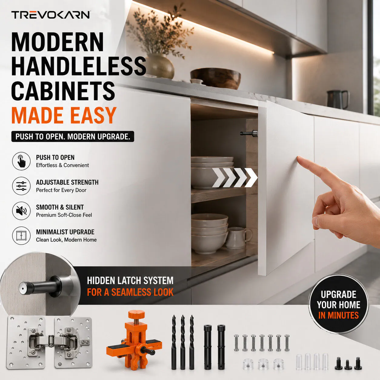 Trevokarn Home Door & Cabinet Repair Tool Kit, All-in-One Cabinet Hinge Repair Set with Drill Locator, Push to Open Latches & Stainless Steel Repair Plates for Kitchen Cabinet DIY Fix - Image 5