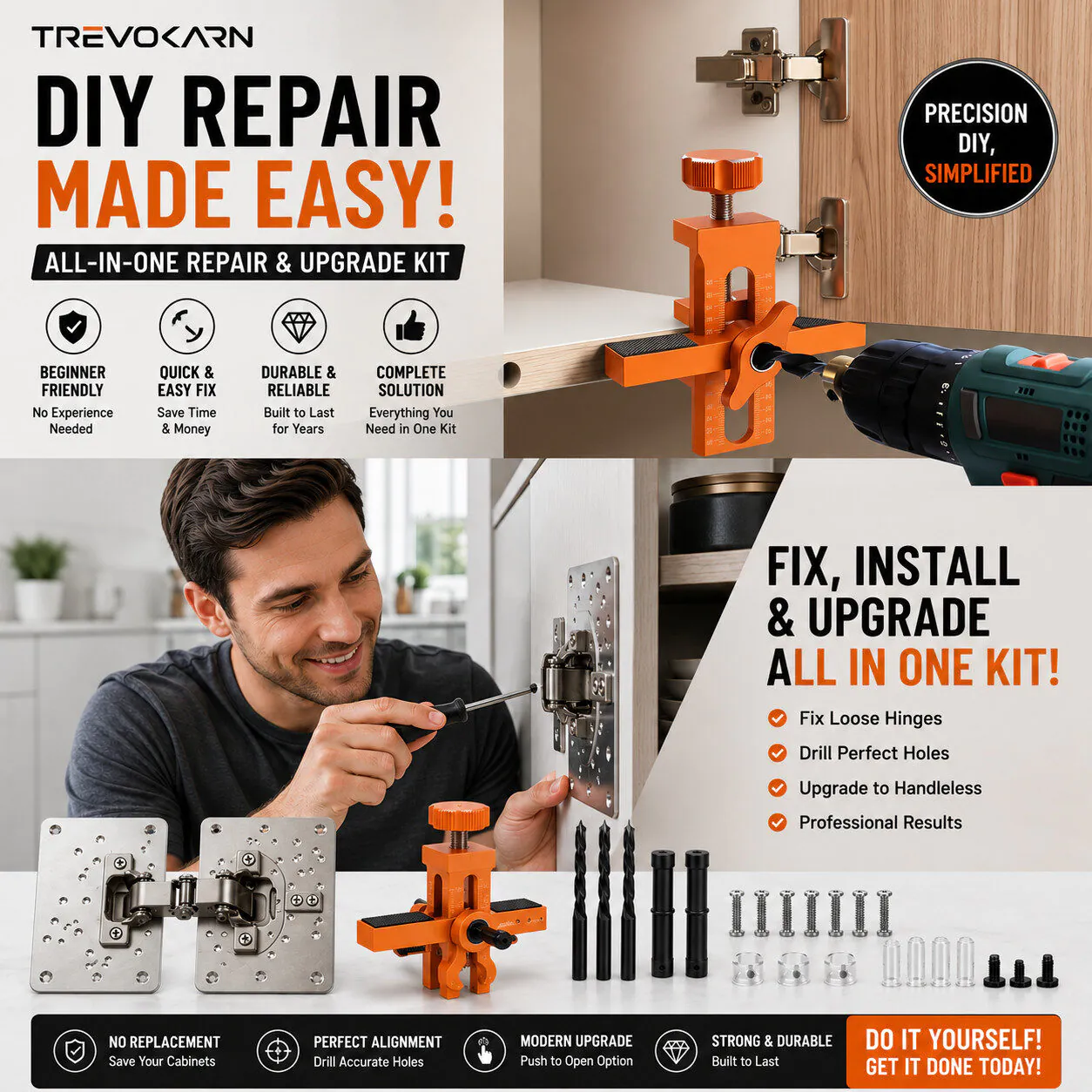 Trevokarn Home Door & Cabinet Repair Tool Kit, All-in-One Cabinet Hinge Repair Set with Drill Locator, Push to Open Latches & Stainless Steel Repair Plates for Kitchen Cabinet DIY Fix - Image 2
